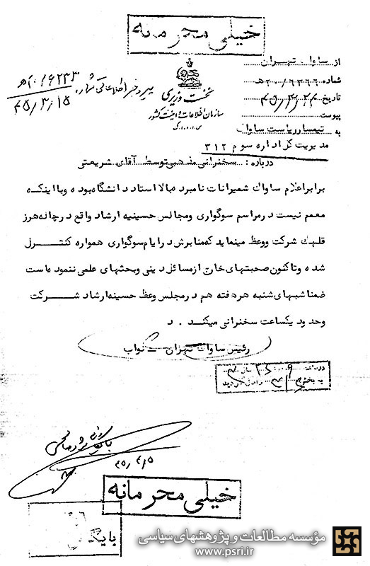 کنترل سخنرانی‌های دکتر شریعتی توسط ساواک در سال ۱۳۴۵