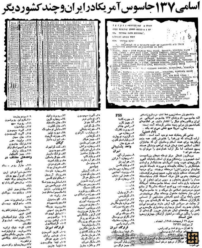 افشای اسامی جاسوسان آمریکا در ایران